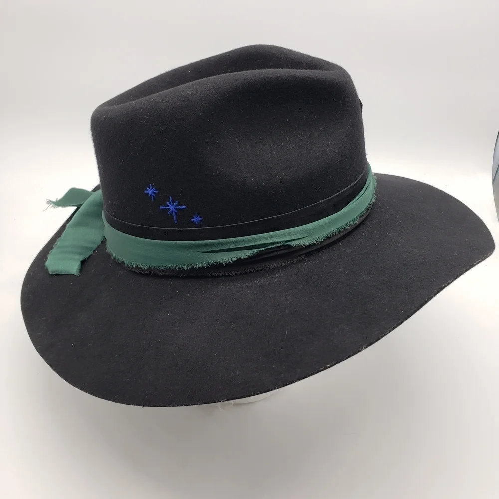 Lack Of Color Med 57cm Black Wool Hat Blue Feather green black band embroidered